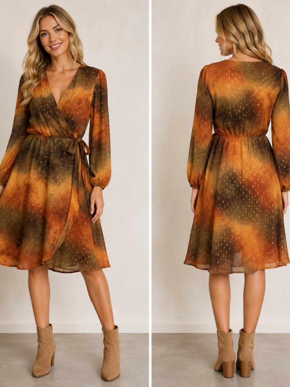 Modern Identity Design Wrap Dress Women's Size L Rust Brown Olive Long Sleeve